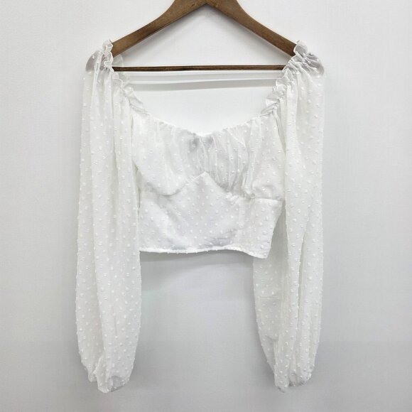 White Chiffon Swiss Dot Milkmaid Top Size L Lantern Sleeve Crop Ruched Bust - Picture 3 of 12